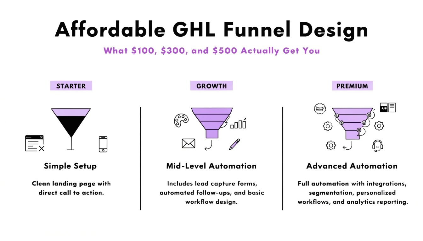 Affordable GHL Funnel Design: What $100, $300, and $500 Actually Get You